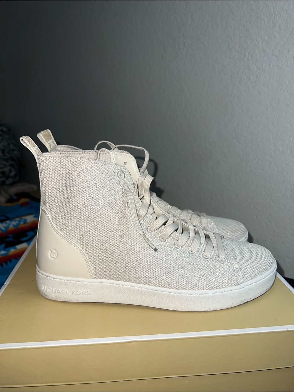 Michael Kors Off-White High-Top Knit Lace-Up Sneakers